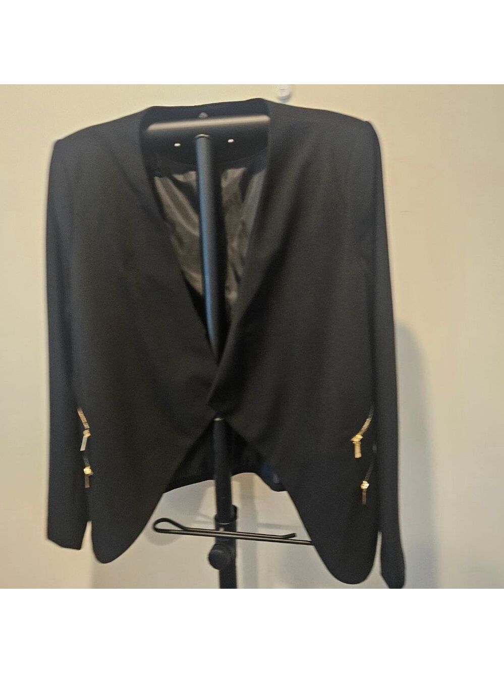 Calvin Klein Women's Black Asymmetrical Blazer, Gold Zippers Detail, Size 10